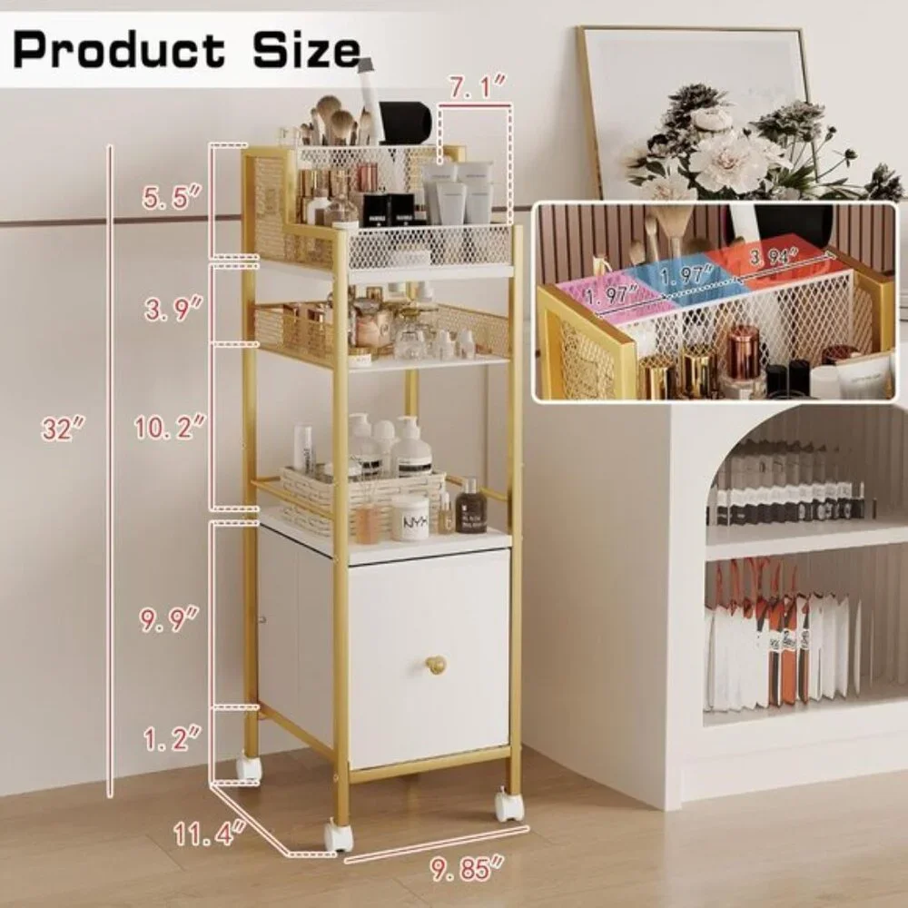 New Gold Rolling Makeup Storage Cart, Vanity Organizer with Drawers for Home